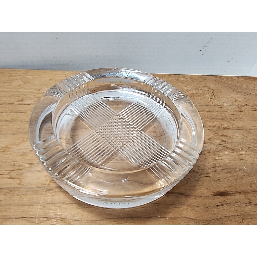 Vtg MERIT Clear Glass Ashtray Heavy Round Etched Design Large 6.5" Diameter EUC